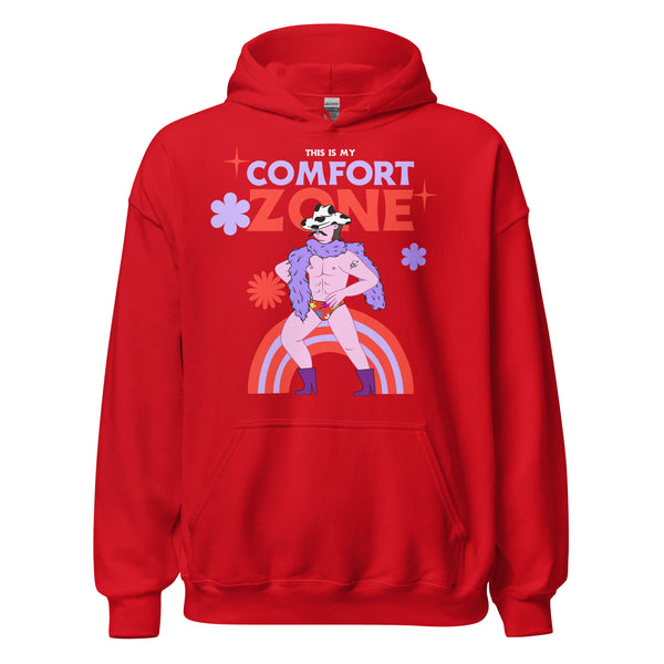 Front view of a red hoodie reading “THIS IS MY COMFORT ZONE,” with a cartoon figure in rainbow briefs and purple boots.