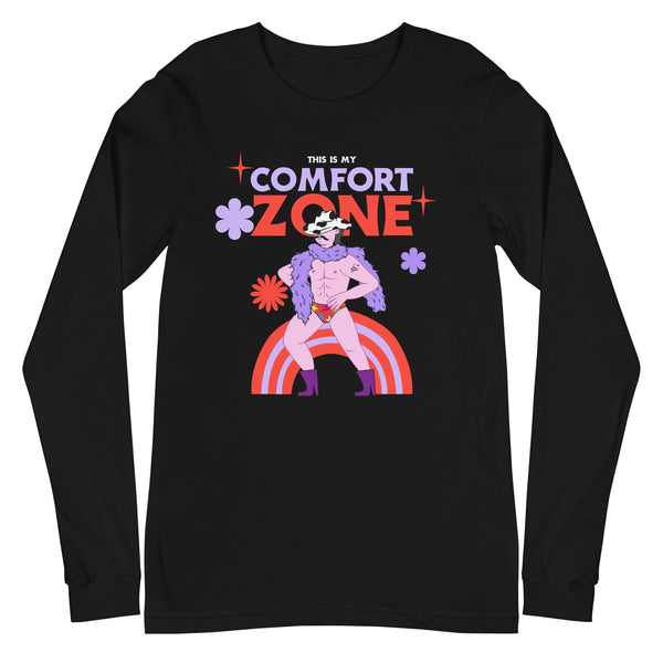 Front view of a black long-sleeve shirt reading “THIS IS MY COMFORT ZONE,” with a colorful figure and rainbow