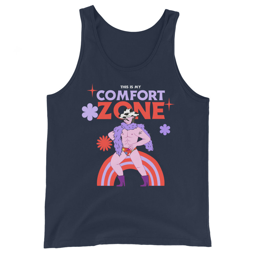 Navy tank top with “THIS IS MY COMFORT ZONE” text and colorful retro figure graphic