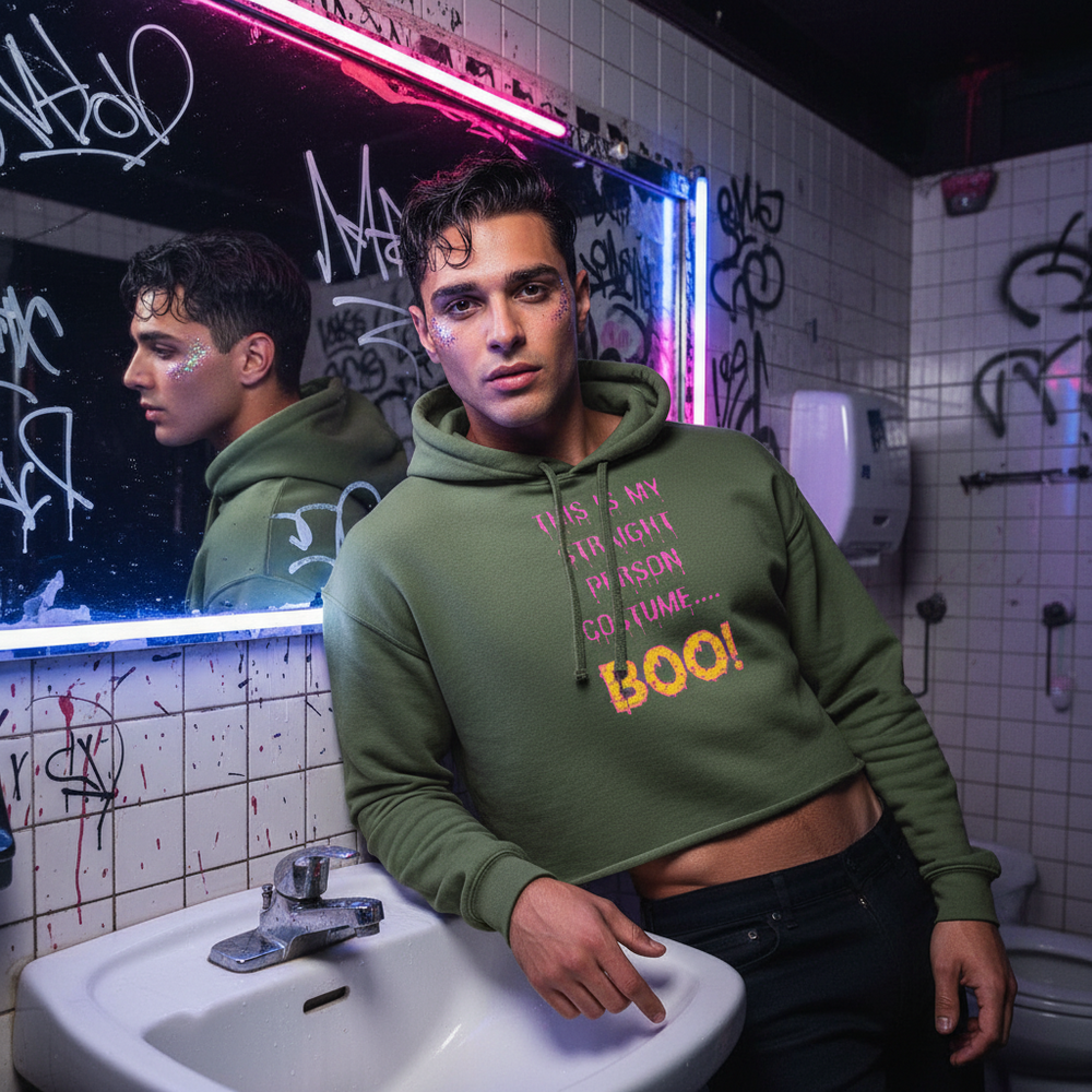 Crop hoodie reading “This Is My Straight Person...Boo!” on a person with glitter, leaning in a neon-lit queer club bathroom