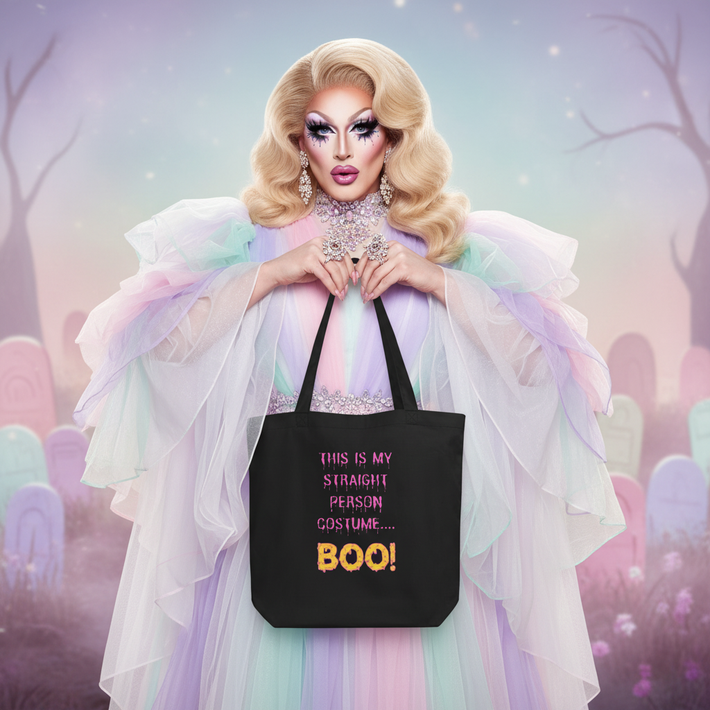 Eco tote bag with "This Is My Straight Person ...Boo!" slogan, held by a drag queen in pastel gown amid colorful gravestones.