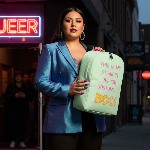 This Is My Straight Person...Boo! Minimalist Backpack with colorful text, held by a person in a shiny blue blazer