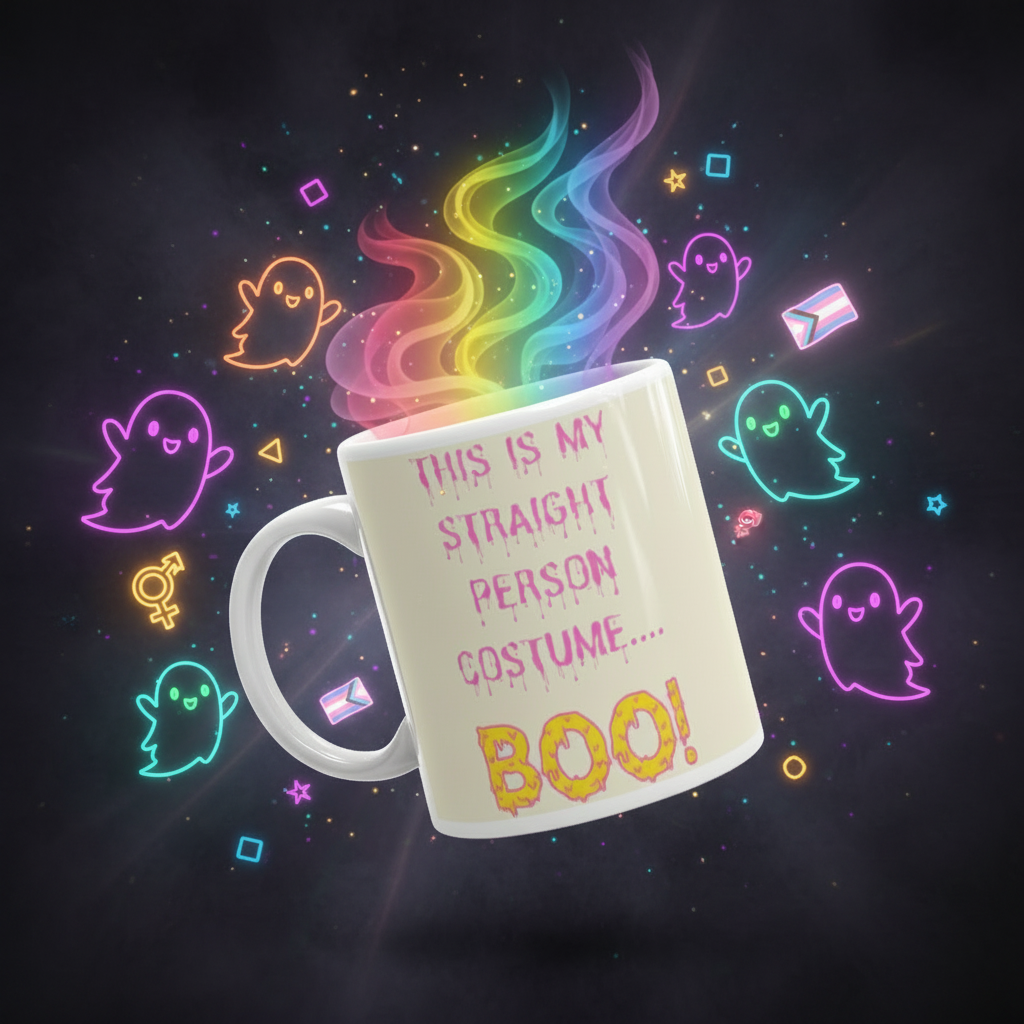 Angled white mug reading “THIS IS MY STRAIGHT PERSON COSTUME... BOO!”