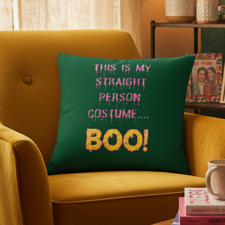 Green "This Is My Straight Person...boo!" LGBT pillow on yellow armchair, sunlight through curtains, with shelves, books
