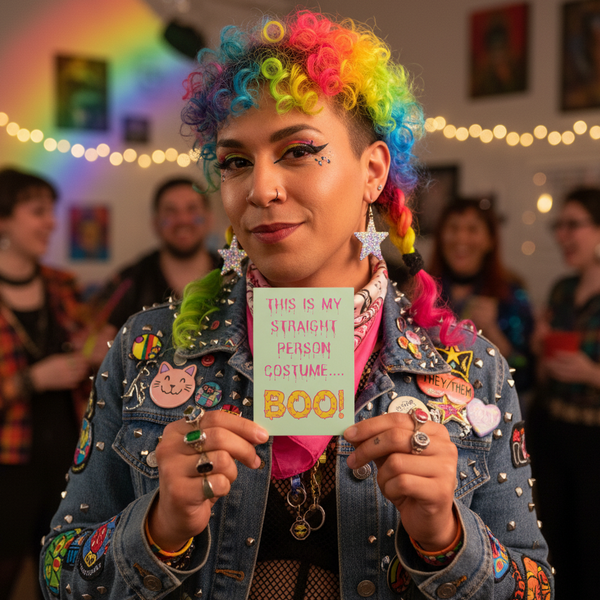Person with rainbow curls holds a postcard reading “This Is My Straight Person Costume... Boo!”