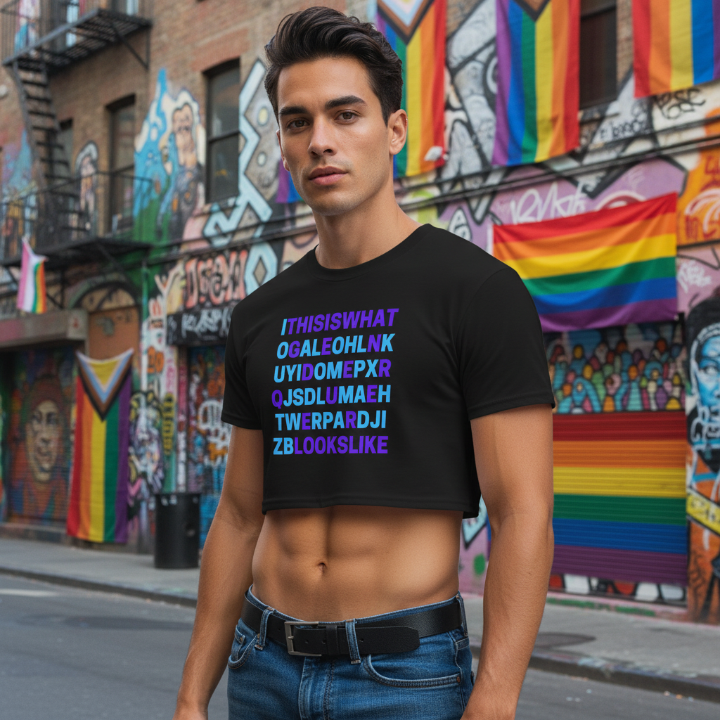 This Is What Genderqueer Looks Like crop top worn by a person on a graffiti-filled street with rainbow flags