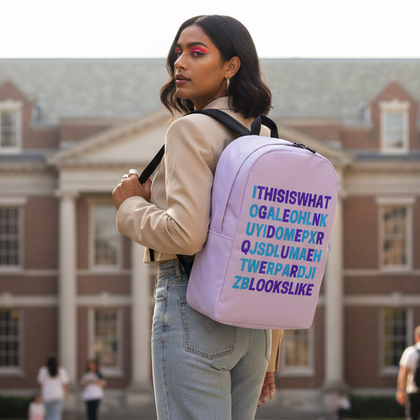 This Is What Genderqueer Looks Like Minimalist Backpack worn by a femme queer in gold hoops, tan jacket