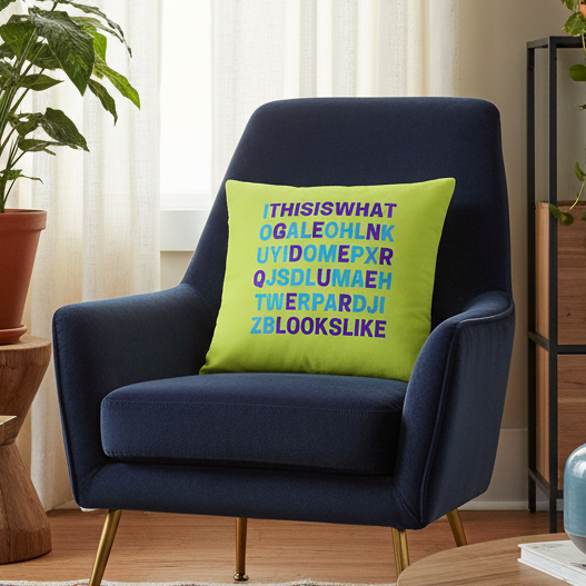 Navy armchair with "This Is What Genderqueer Looks Like" green pillow, purple and blue text, plants, and natural light.