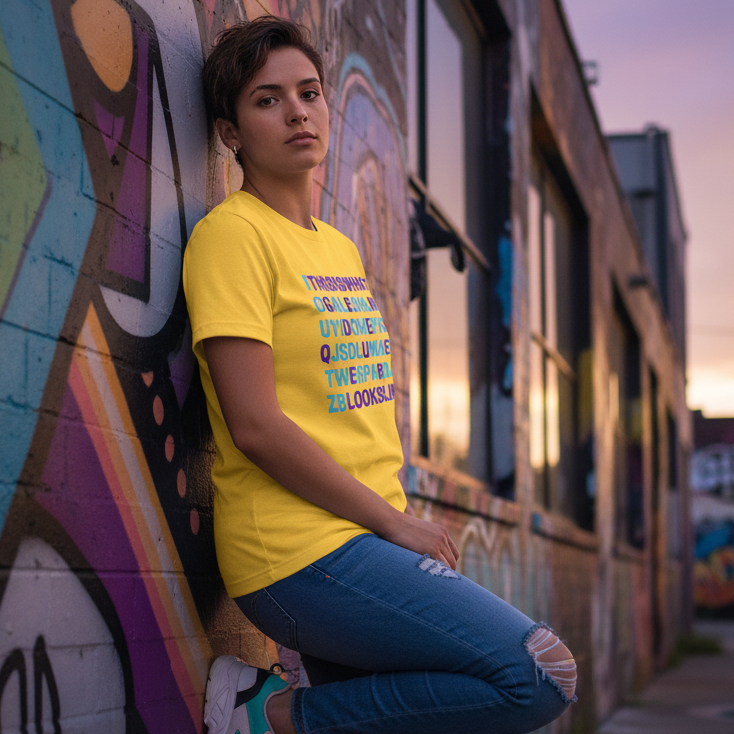 T-shirt reading "This Is What Genderqueer Looks Like" worn with ripped jeans