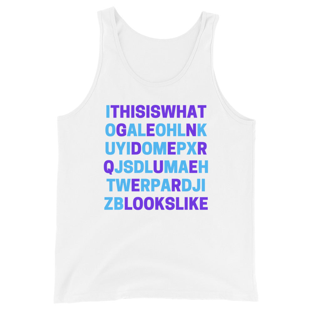 Unisex tank top with blue and purple word search design hiding the phrase "THIS IS WHAT GENDERQUEER LOOKS LIKE"