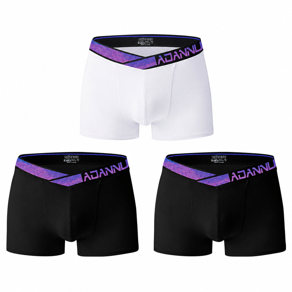 Three pairs of boxer briefs—one white and two black—with purple ADANNU waistbands