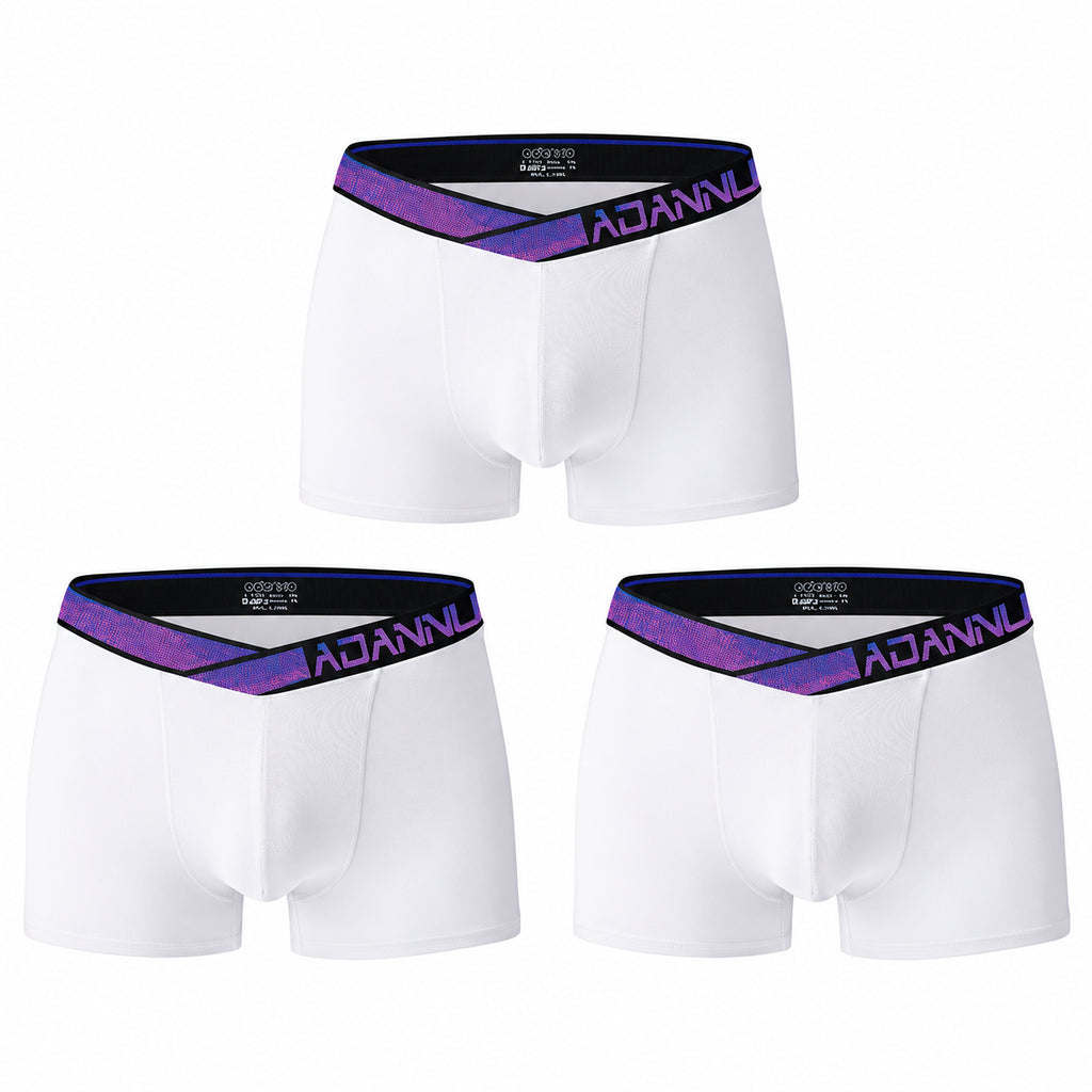 Three white boxer briefs arranged on a white background, each with a purple ADANNU waistband
