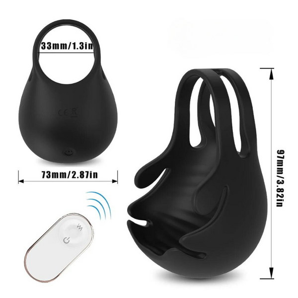 Black penis and testicle ring massager shown front and angled, with remote and dimensions