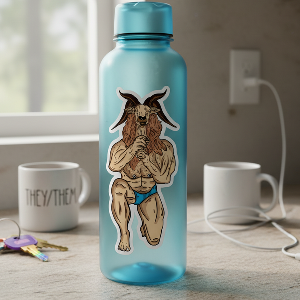 Blue water bottle with a Throat Goat sticker—muscular goat in blue undies—on a kitchen counter by keys and THEY/THEM mug.