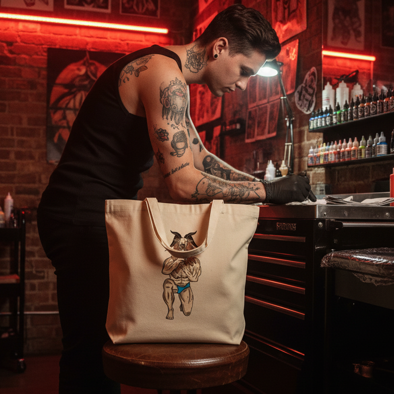 Canvas tote with a horned, winged figure print on a tattoo studio stool