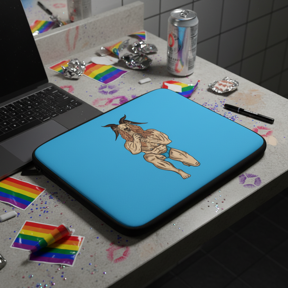 Blue "Throat Goat" laptop sleeve with jacked goat art sits on a messy bathroom counter with rainbow stickers, glitter, makeup