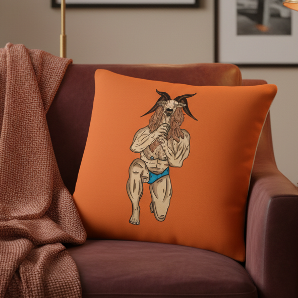 Orange Throat Goat Pillow with a muscular, horned figure in blue briefs on maroon couch