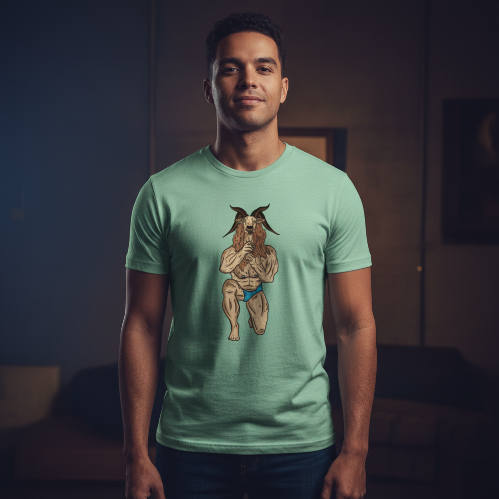 Light green cotton "Throat Goat" T-shirt with horned creature graphic, worn by smiling person indoors