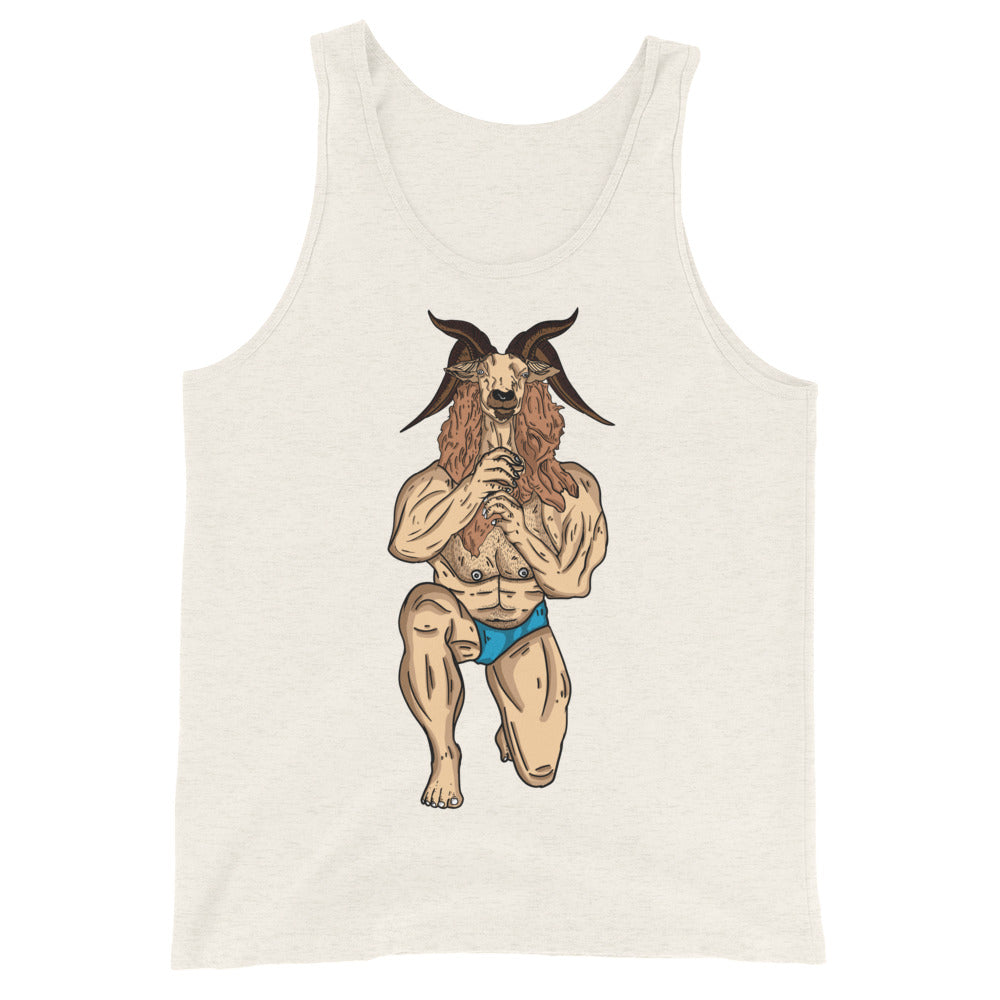 Throat Goat Unisex Tank Top with a buff kneeling goat-headed figure, worn by a queer person at a pride parade with rainbow flags.