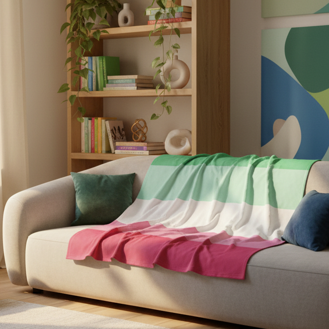 Abrosexual pride throw blanket in pink, white, and green stripes draped over a beige couch with blue and green pillows.