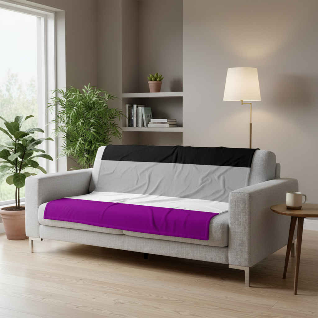 Asexual Flag Throw Blanket with black, gray, white, and purple stripes draped over a gray sofa in a cozy queer living room.