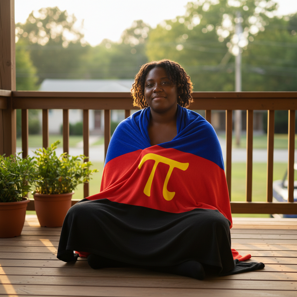 Polyamory Flag Throw Blanket wrapped around a smiling person on a wooden porch, with potted plants and blurred trees behind.
