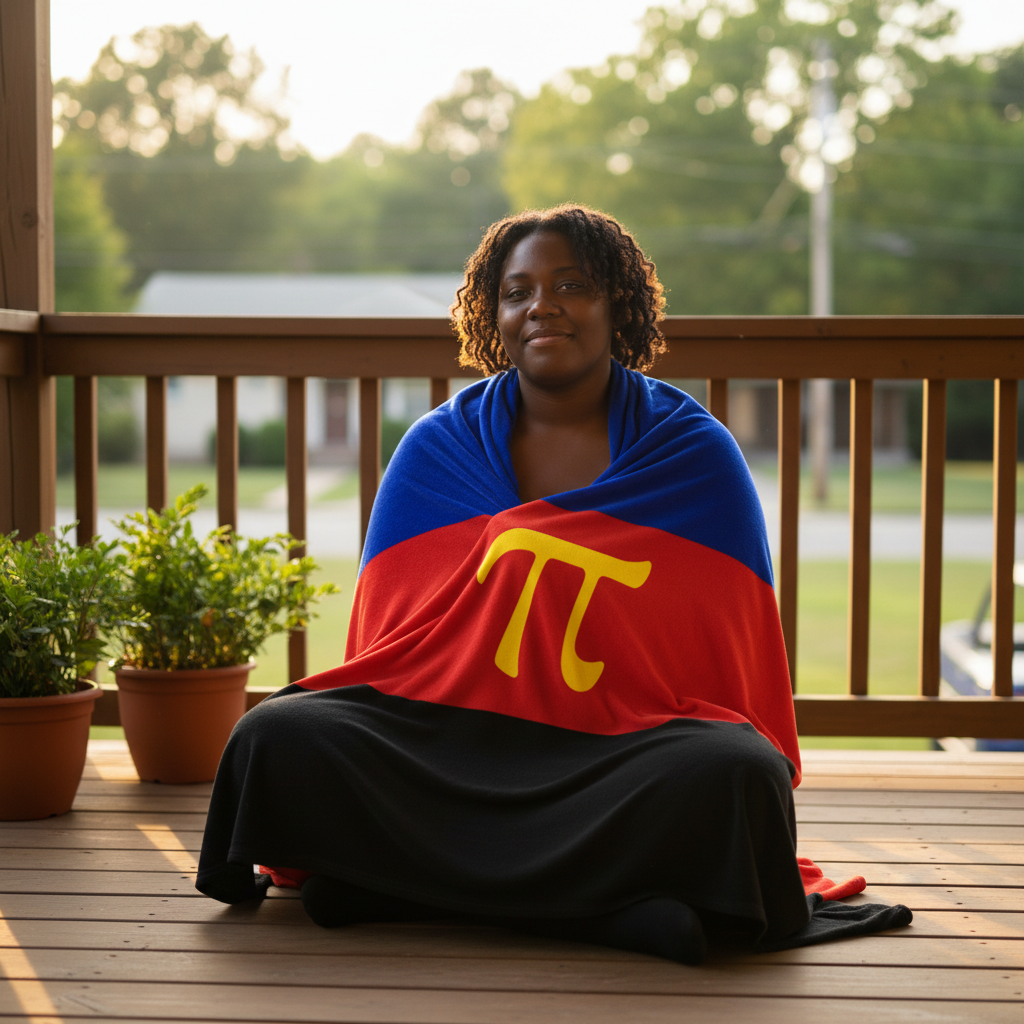 Polyamory Flag Throw Blanket wrapped around a smiling person on a wooden porch, with potted plants and blurred trees behind.