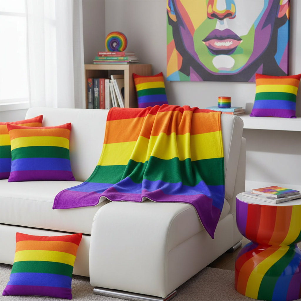White sofa with rainbow-striped pillows and a Gay Pride Throw Blanket; rainbow side table, queer decor, and bold pride wall art.