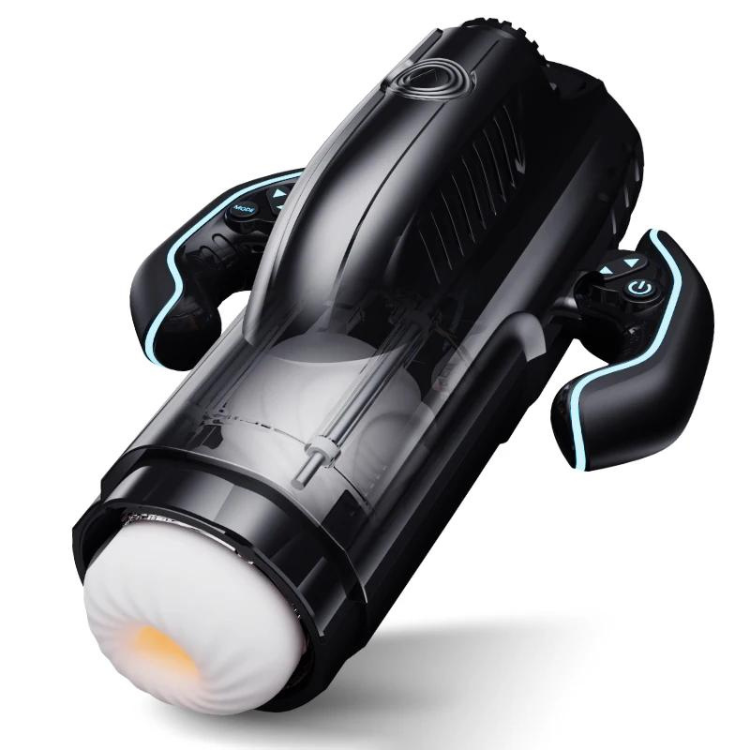 Black automatic masturbator with clear chamber, white sleeve, and side controls