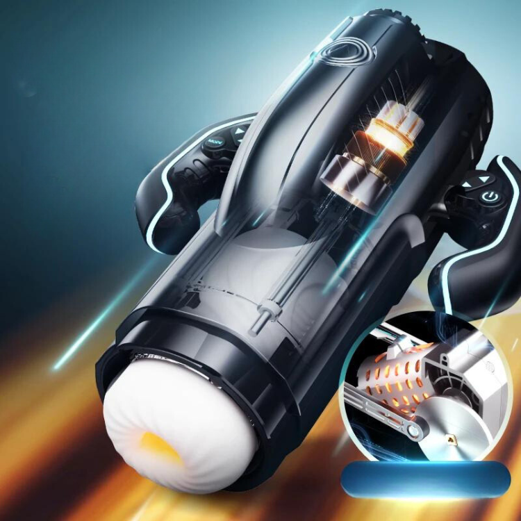 Black automatic masturbator with a white insert, transparent housing, and illuminated internal mechanism