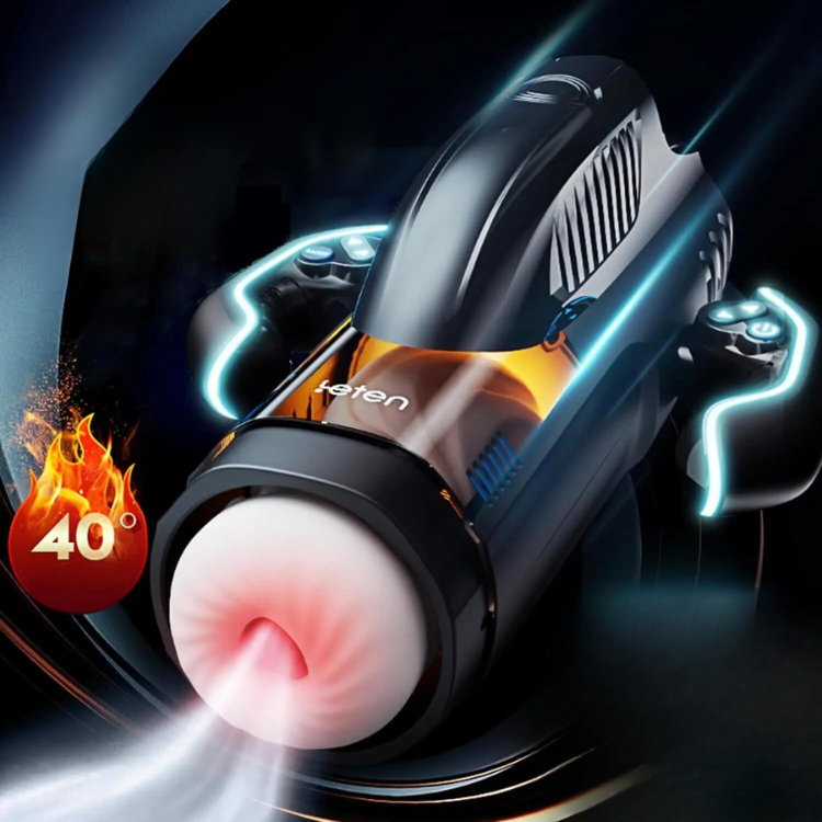 Close-up of a black automatic masturbator with a flesh-tone opening, glowing controls, and “40°” graphic