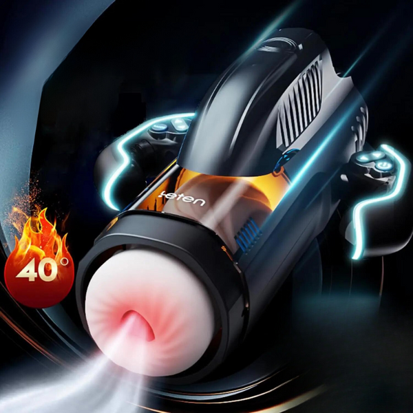 Close-up of a black automatic masturbator with a flesh-tone opening, glowing controls, and “40°” graphic