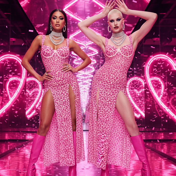 Two models in pink leopard-print lace dresses with thigh-high slits and boots