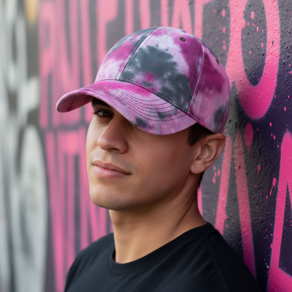 Tie-dye baseball cap in pink and black worn by a model against graffiti