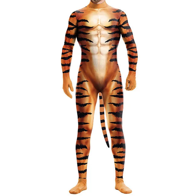 Front view of a full-body orange tiger-print bodysuit with a long striped tail