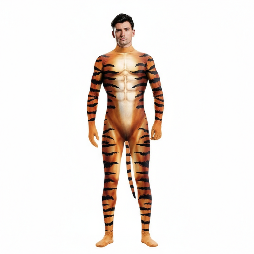 Front-view model wearing a full-body orange-and-black tiger-print zentai suit with tail