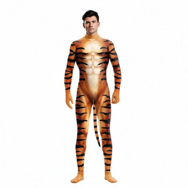Front-view model wearing a full-body orange-and-black tiger-print zentai suit with tail