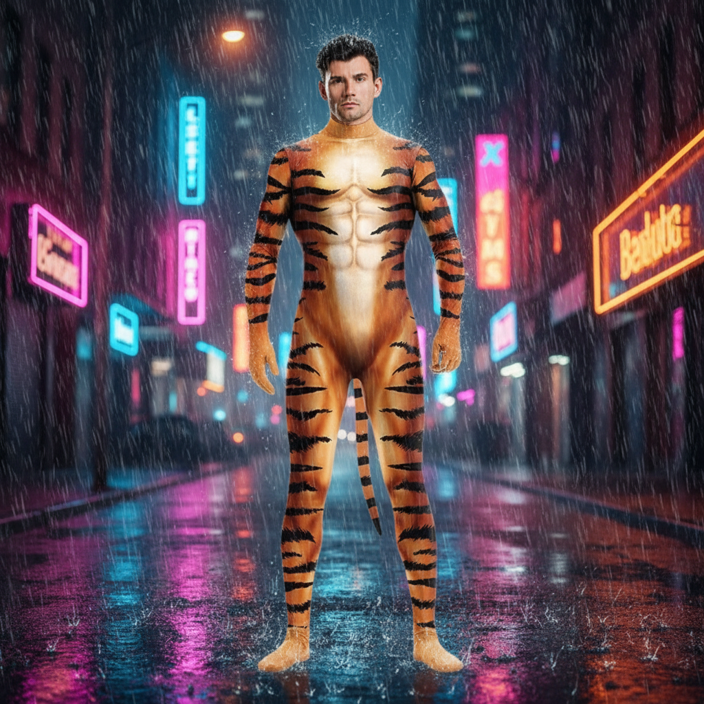 Front-facing person wears a tiger-striped full-body suit with a long striped tail in the rain