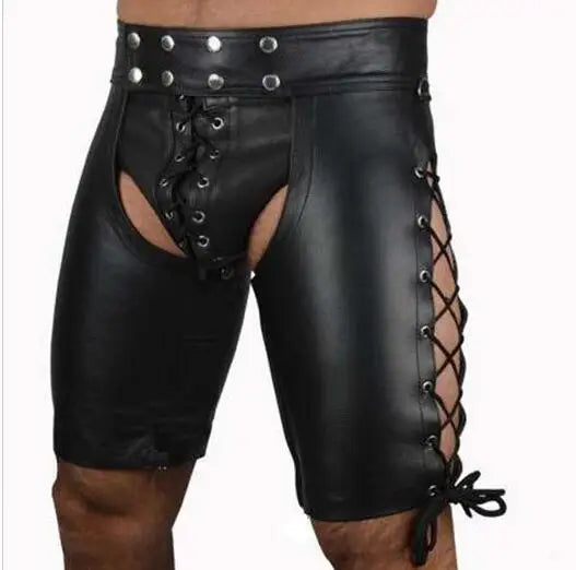 Front view of black faux-leather shorts with open crotch and side lacing