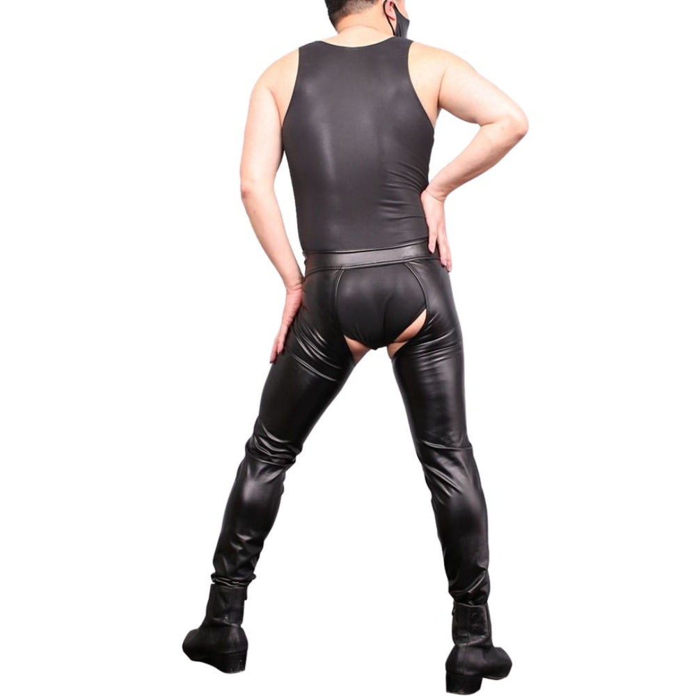 Back view of a model wearing black crotchless PU leather pants and a sleeveless top