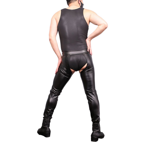 Back view of a model wearing black crotchless PU leather pants and a sleeveless top