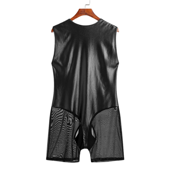 Front view of a black faux-leather bodysuit with sheer mesh shorts, hanging on a wooden hanger