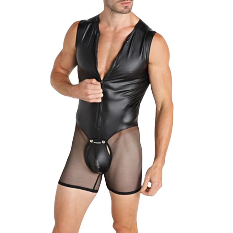 Front view of a model wearing a black faux-leather and sheer mesh bodysuit