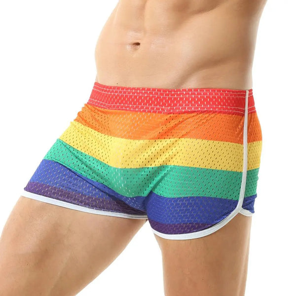 Front view of a model wearing tight rainbow-striped mesh shorts with white trim