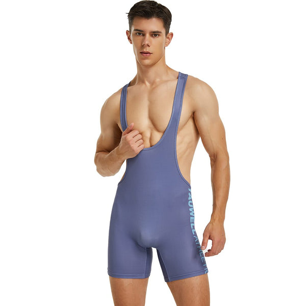 Front view of a person wearing a lavender wrestling-style singlet with turquoise side lettering