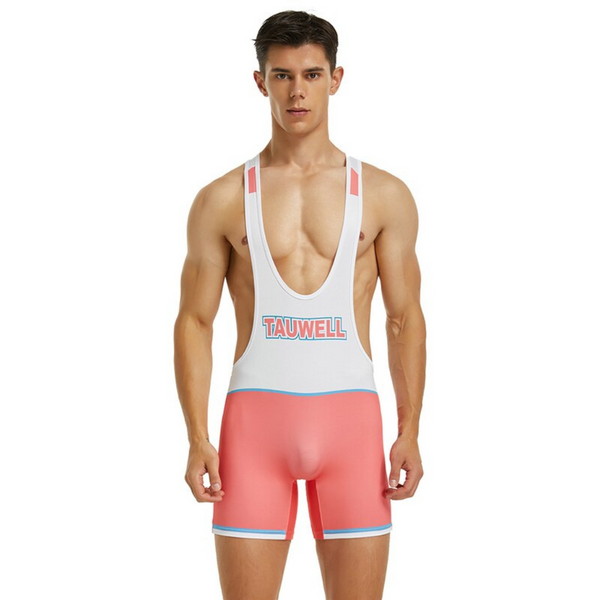 Front-facing model wearing a white and coral wrestling singlet labeled “TAUWELL”