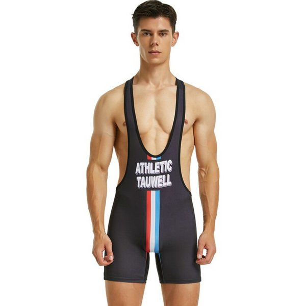Front view of a person wearing a black wrestling singlet with red, white, and blue stripes
