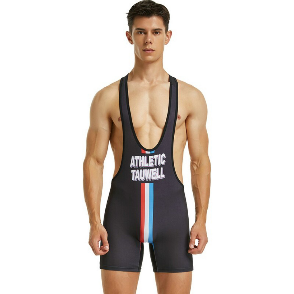 Front view of a person wearing a black wrestling singlet with red, white, and blue stripes