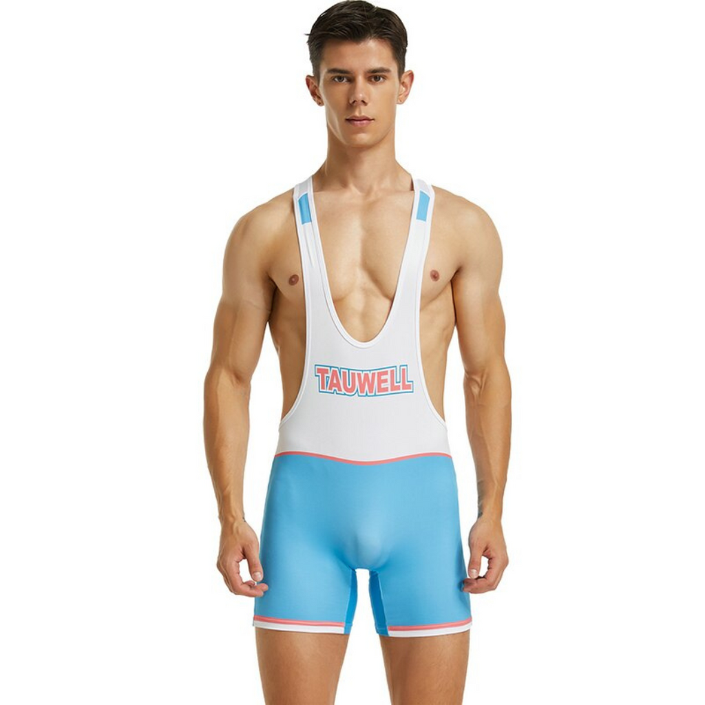 Front-facing model wearing a white and blue wrestling singlet labeled “TAUWELL”