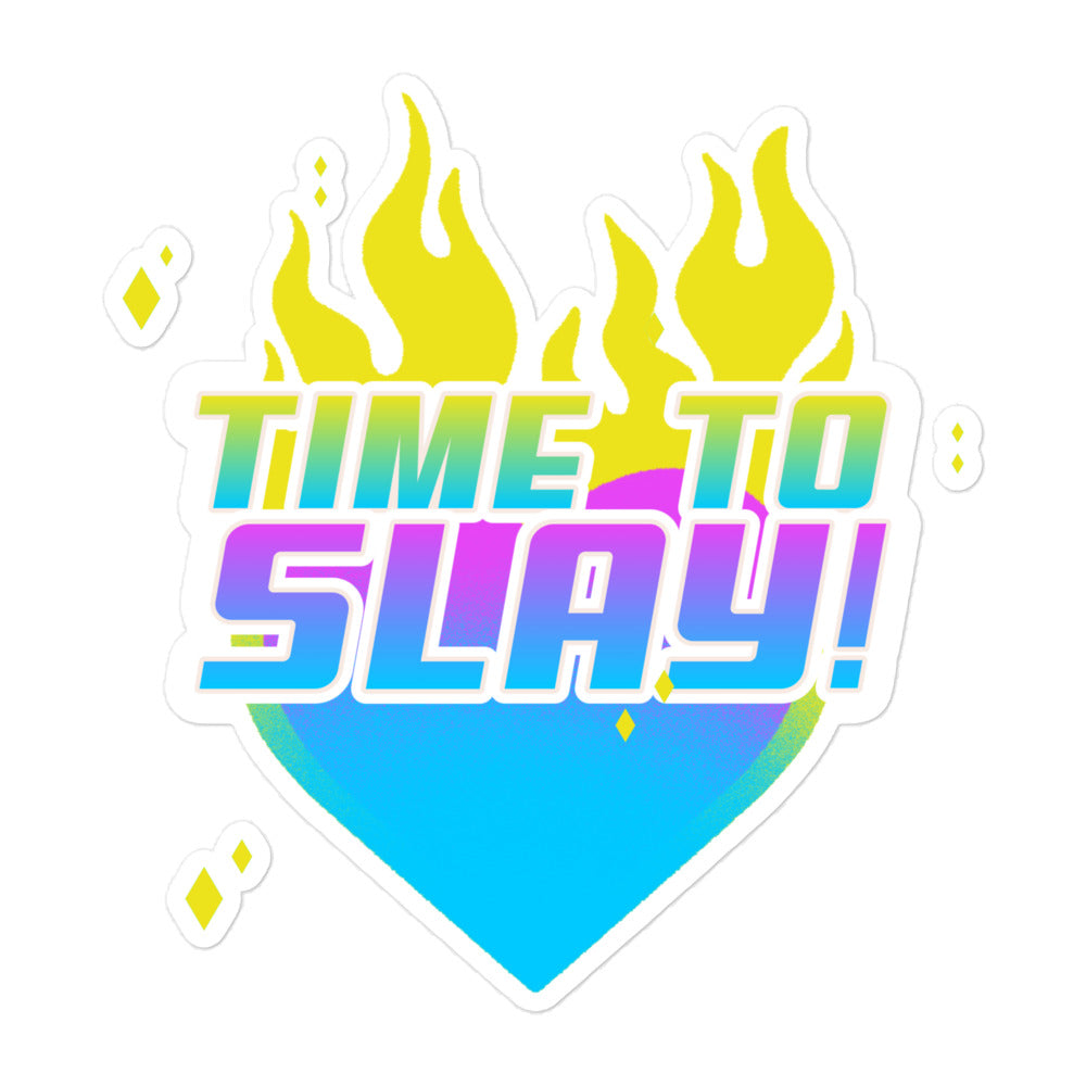 Sticker graphic reading “TIME TO SLAY!” over a blue heart with yellow flames